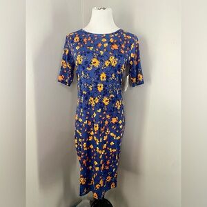 LuLaRoe Julia Dress Blue with Orange Floral Pattern Midi Form Fitting
